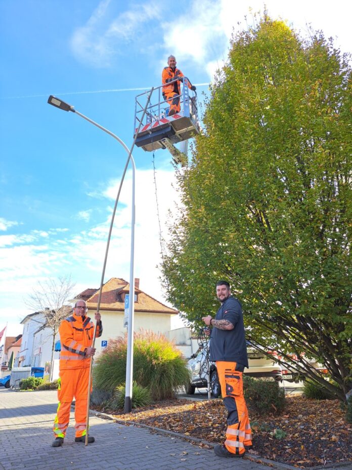 Am Griesheimer Rathaus wird die Weihnachtsbeleuchtung angebracht. Das Bild zeigt Dennis Richter, Igor Zdjelar und Patrick Schaffner (v.l.n.r.). (Foto: Stadt Griesheim)