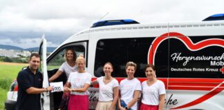 Das Bild zeigt von links DRK-Mitarbeiter Daniel Rabes sowie Beatrice Mertens, Sandra Schwarz, Steffi Schaffnit, Maike Levita und Martina Töws bei der Spendenübergabe. Jährlich organisieren die fünf Freundinnen den Mädels-Flohmarktes „Kaufrausch“ in Michelstadt.