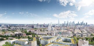 Visualisierung: Vier Wohnblöcke mit begrünten Innenhöfen sowie zwei weiteren Gebäuderiegeln bietet rund 3000 Menschen mitten in Frankfurt einen Ort zum Wohnen und Leben, Copyright: Instone Real Estate