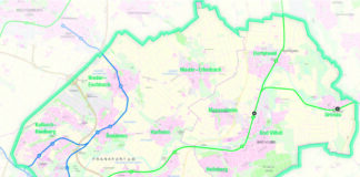 Karte des neuen Bediengebiets des On-Demand-Shuttles KNUT, Copyright: traffiQ - Lokale Nahverkehrsgesellschaft Frankfurt a.M., Hessische Verwaltung für Bodenmanagement und Geoinformation; Kartengrundlage: Stadtvermessungsamt Frankfurt, 2019