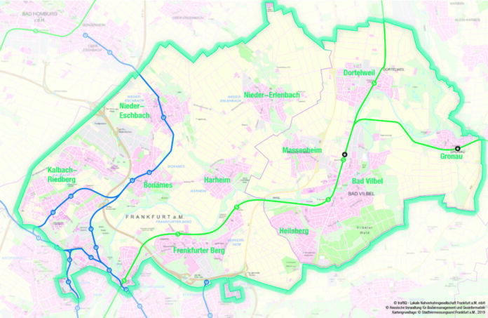 Karte des neuen Bediengebiets des On-Demand-Shuttles KNUT, Copyright: traffiQ - Lokale Nahverkehrsgesellschaft Frankfurt a.M., Hessische Verwaltung für Bodenmanagement und Geoinformation; Kartengrundlage: Stadtvermessungsamt Frankfurt, 2019