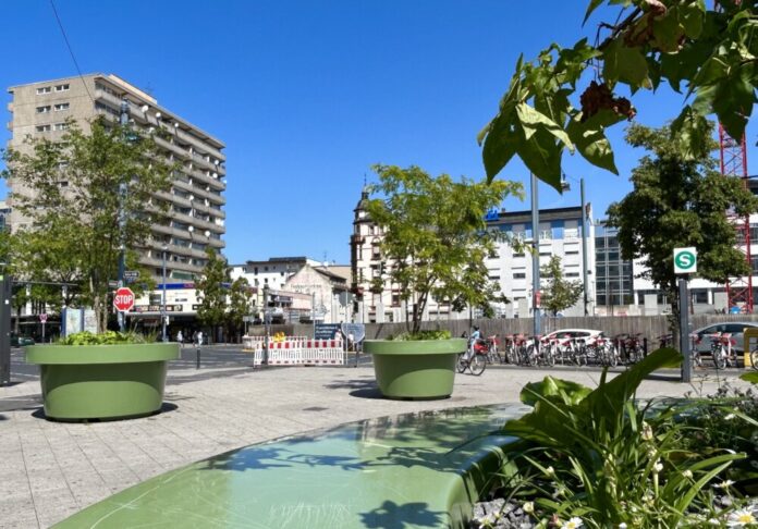 Die mobilen Baumkübel wurden jüngst auf dem Marktplatz aufgestellt und können künftig je nach Bedarf an unterschiedlichen Orten im Stadtgebiet platziert werden. Foto: Stadt Offenbach / Mona Förder