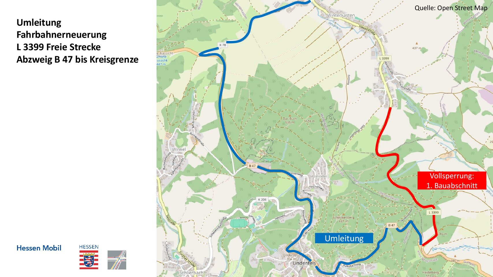 Fahrbahnerneuerung der L3399 ab Abzweig B 47 bei Lindenfels bis zur Kreisgrenze