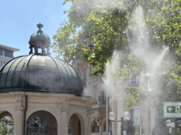 Abkühlung an heißen Tagen in Wiesbaden: Sprühnebelanlagen auf Dern’schen Gelände und Kochbrunnenplatz