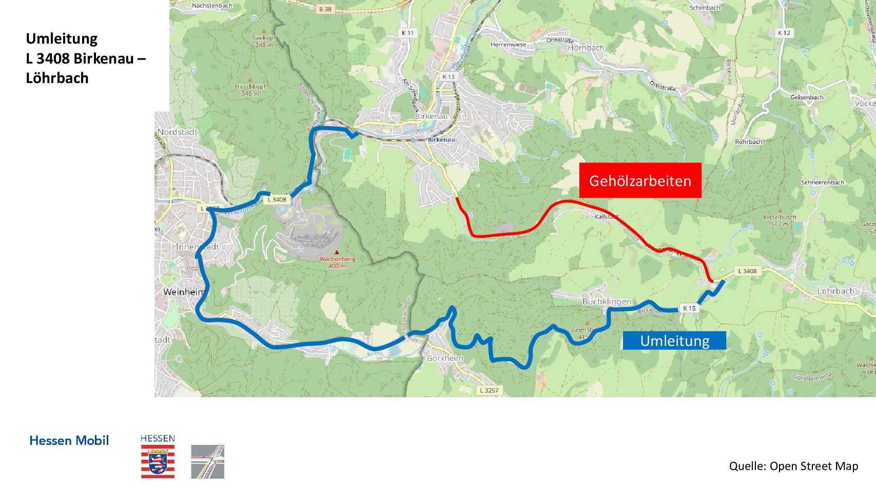Vollsperrung der L3408: Baumfällarbeiten zwischen Birkenau und Löhrbach