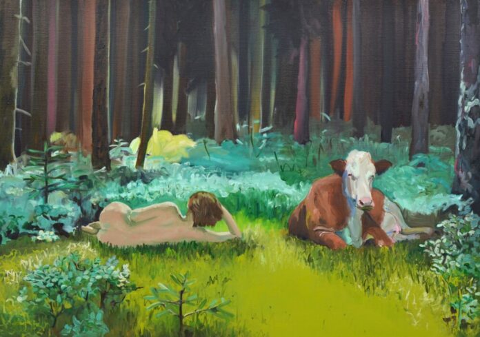 Zwei-weibliche-Wesen-im-Wald-2025-OelLeinen-70x100-hell2_klein